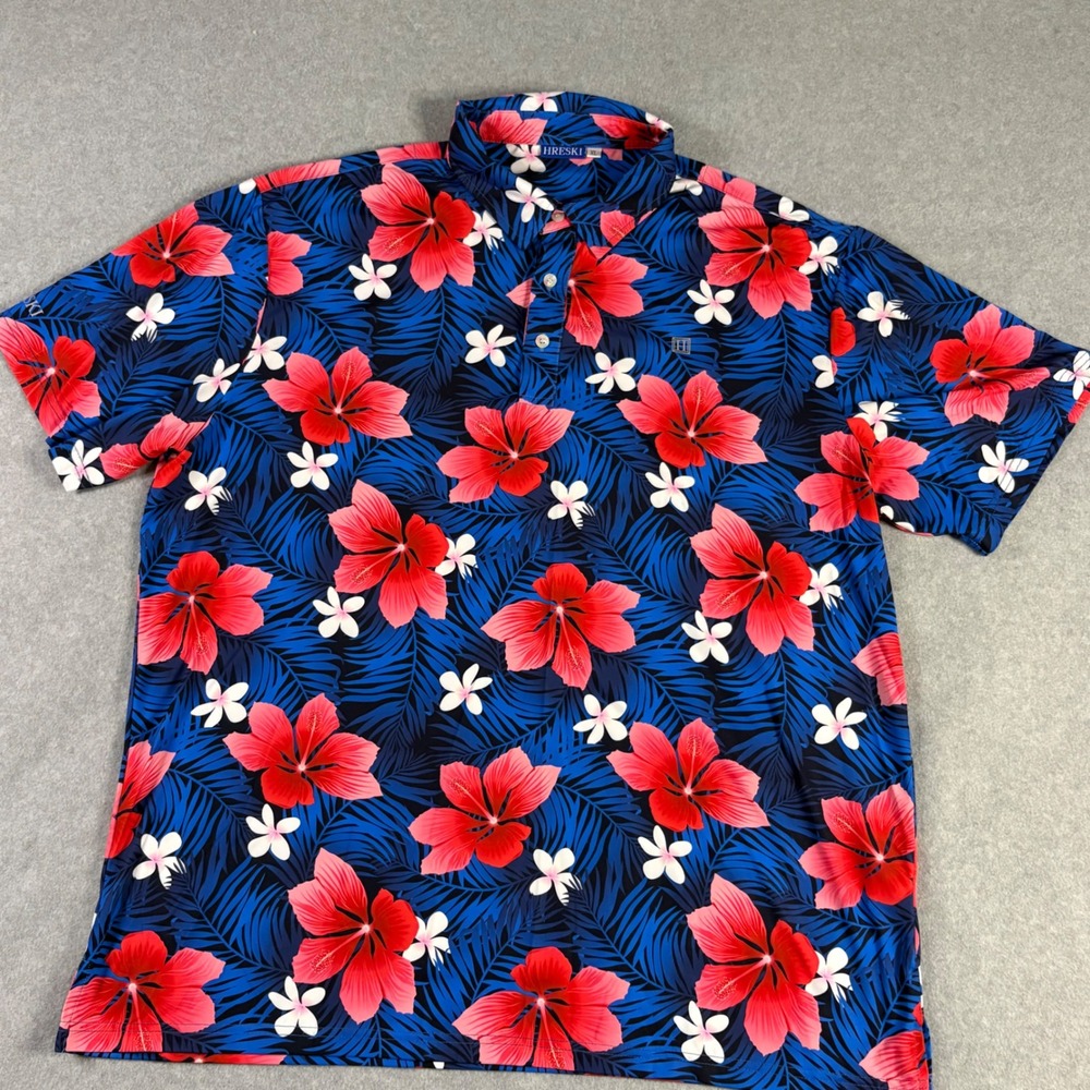 Hreski Golf Polo Shirt Mens XL Blue Red Hibiscus Floral Tropical Palm Leaf Print